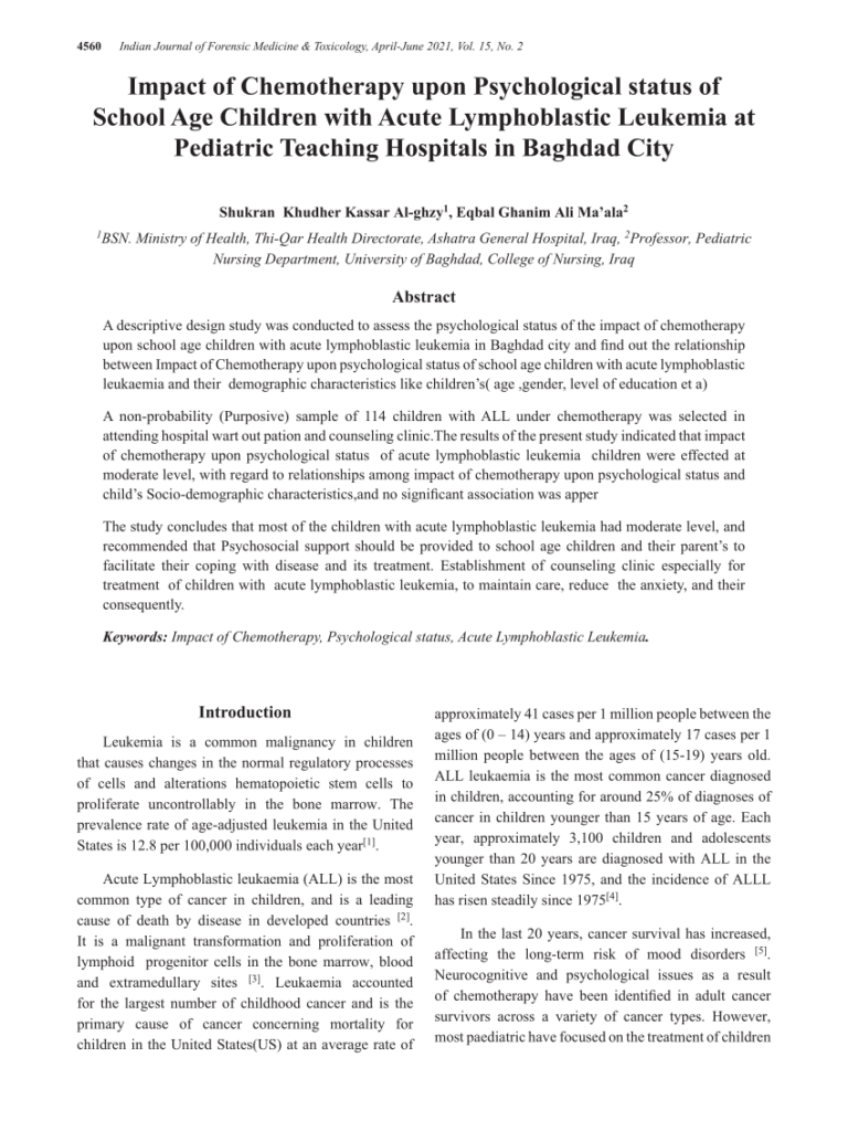 Psychological Impact of Acute Lymphoblastic Leukemia on Children