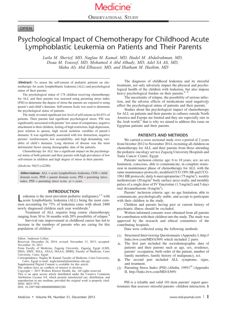 Psychological Impact of Acute Lymphoblastic Leukemia on Children